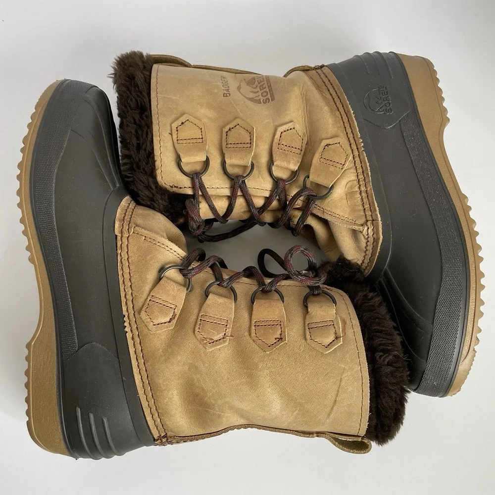 Sorel Womens Badger Waterproof Boots Size 8 Brown Leather Felt Lined Winter